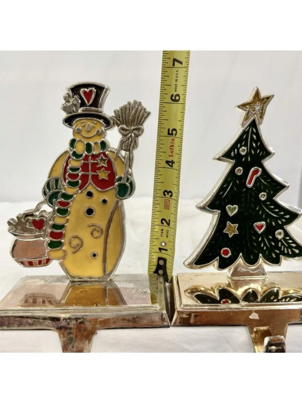 Enameled Christmas Stocking Holder Set Of 2 Tree & Snowman Metal Colorful
